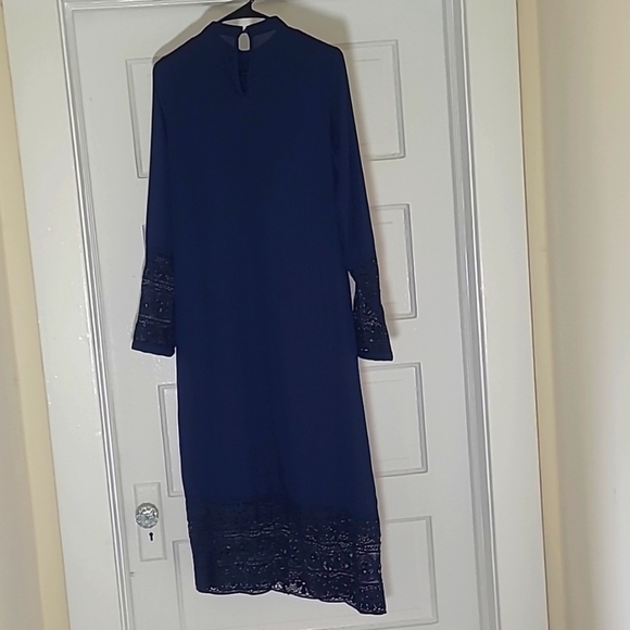 SHEIN Navy Smocked Midi Dress Ruffle Collar Lace Trim XS - Picture 6 of 17